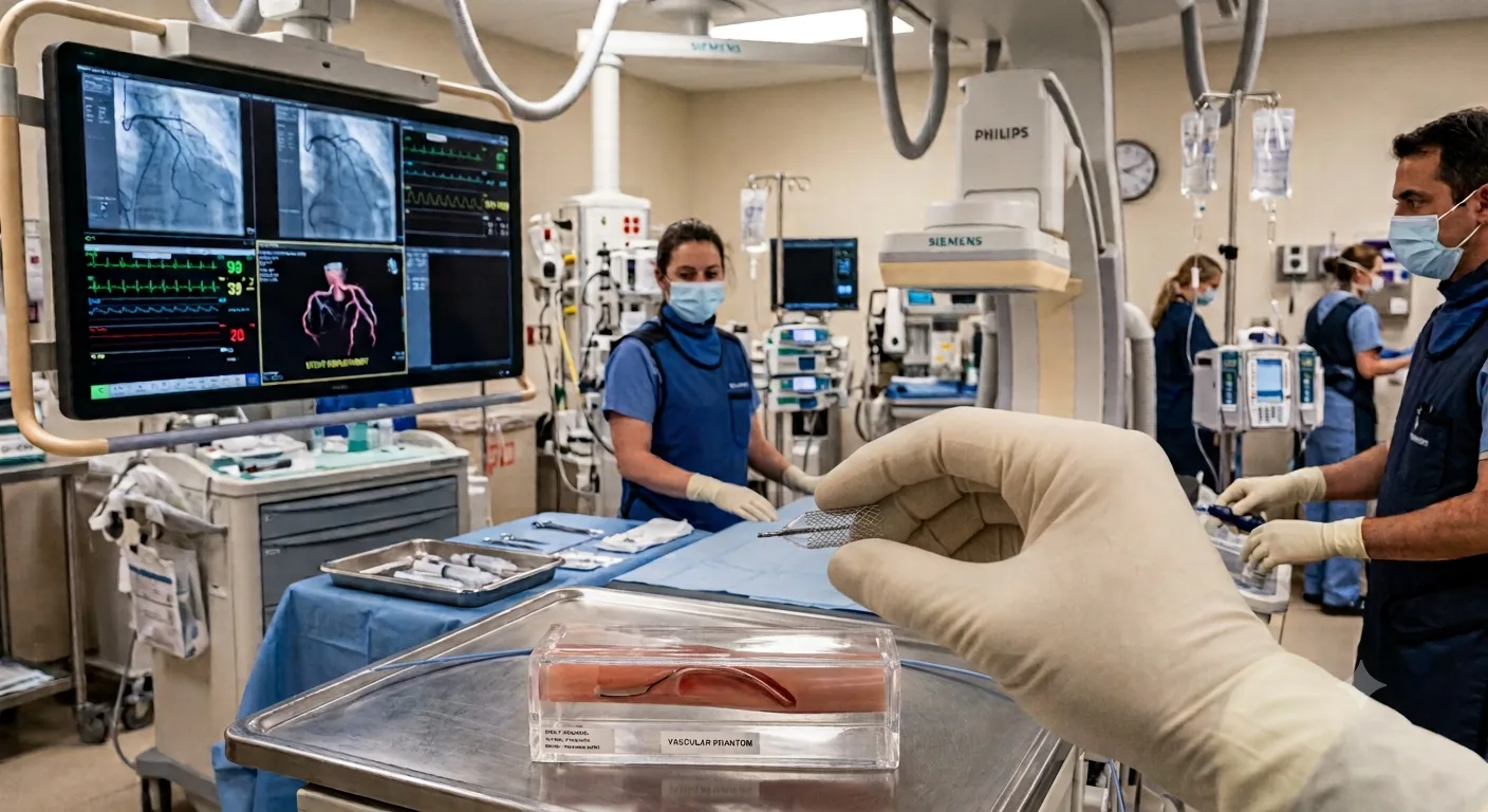 A cardiac catheterisation laboratory with imaging monitors and the interventional team preparing for a procedure