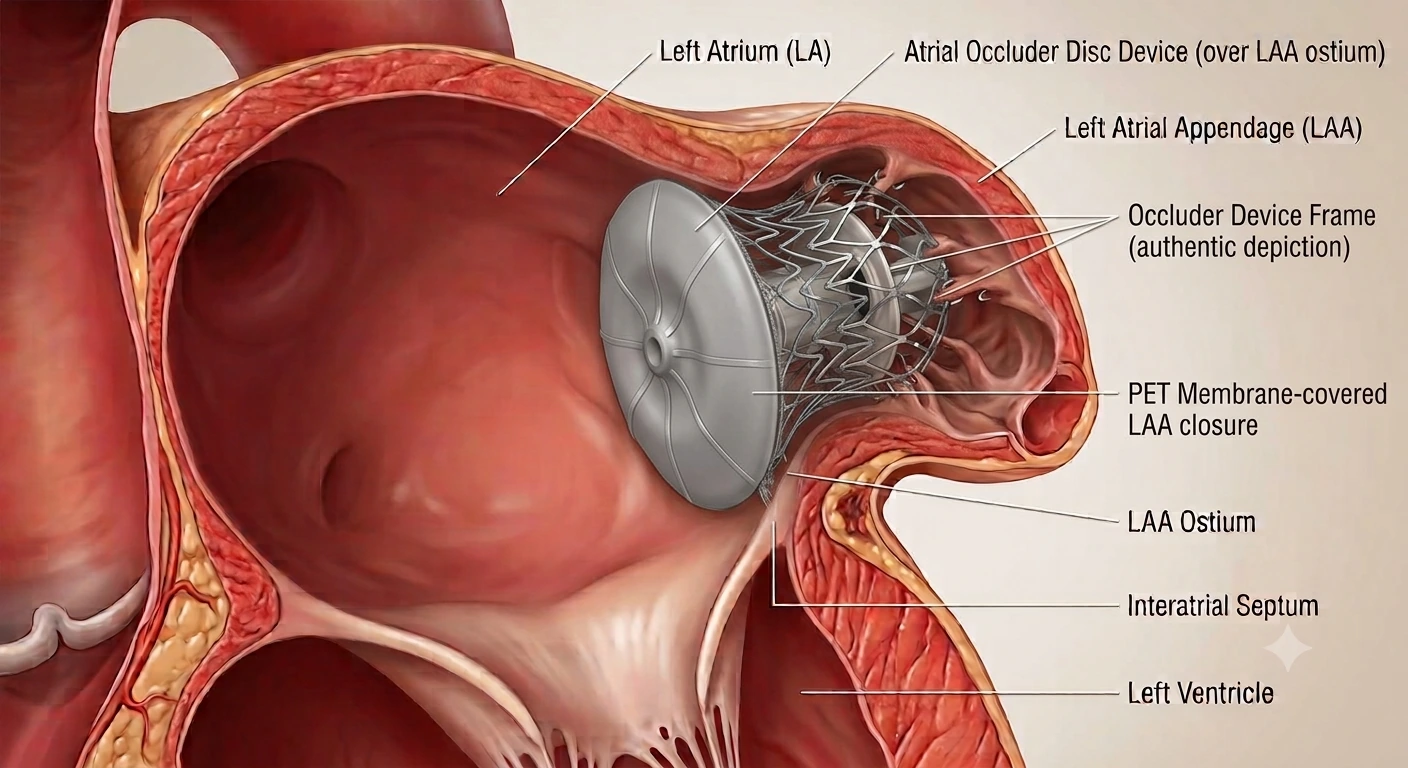 Diagram of an LAA occluder device deployed at the mouth of the left atrial appendage