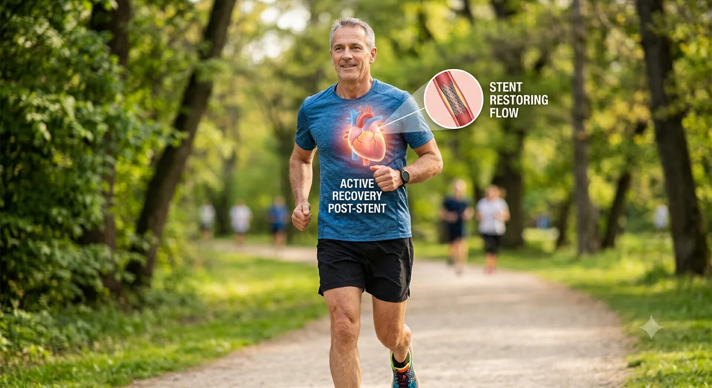 A man running outdoors after coronary stent placement, with an inset illustration showing a stent restoring blood flow through an artery