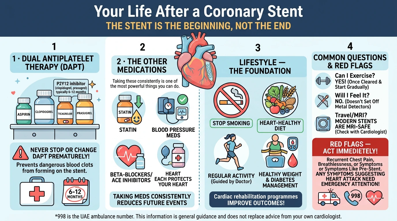 Infographic summarising life after a coronary stent: dual antiplatelet therapy, other medications, lifestyle changes, common questions, and red-flag symptoms requiring emergency attention