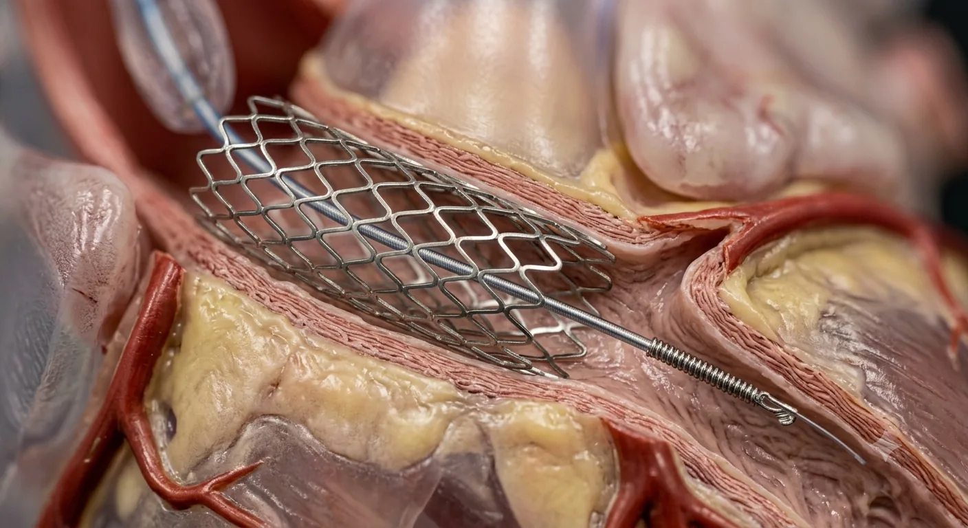 Illustration of a coronary stent deployed at a bifurcation