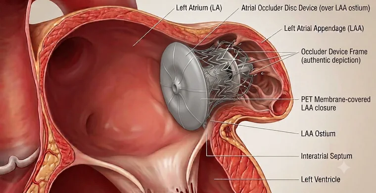 Diagram of an occluder device sealing the left atrial appendage