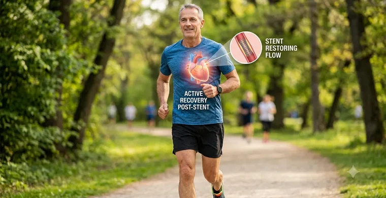 A man running outdoors after coronary stent placement